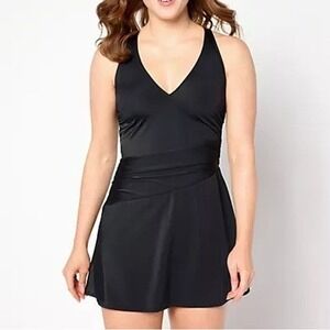 Denim & Co Beach Swimwear Womens 8 Black V-Neck Ruched Waist‎ Swim Dress A634757